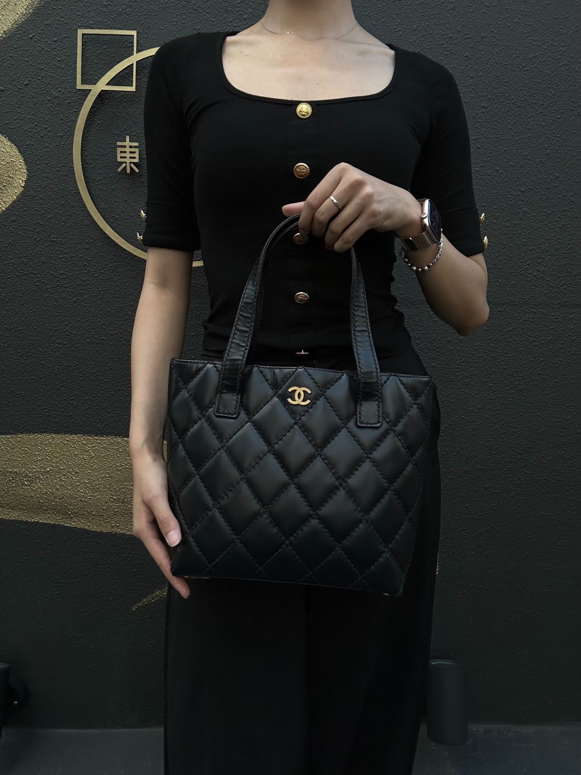 CHANEL Matelassé Lambskin Tote Shoulder Bag Black Gold-Tone Hardware