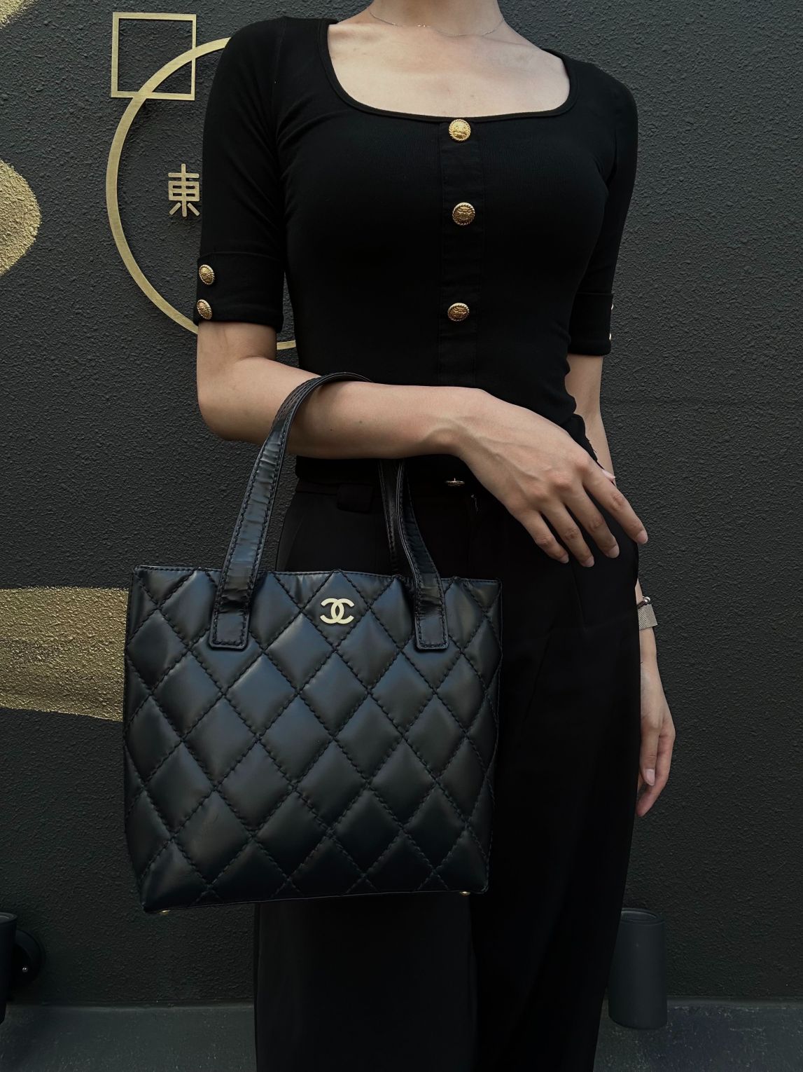 CHANEL Matelassé Lambskin Tote Shoulder Bag Black Gold-Tone Hardware