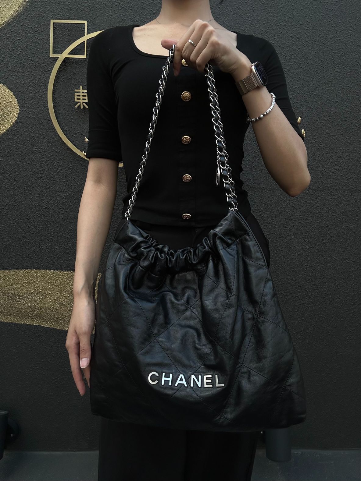 CHANEL 22 Lambskin Shoulder Bag Black Silver-Tone Hardware