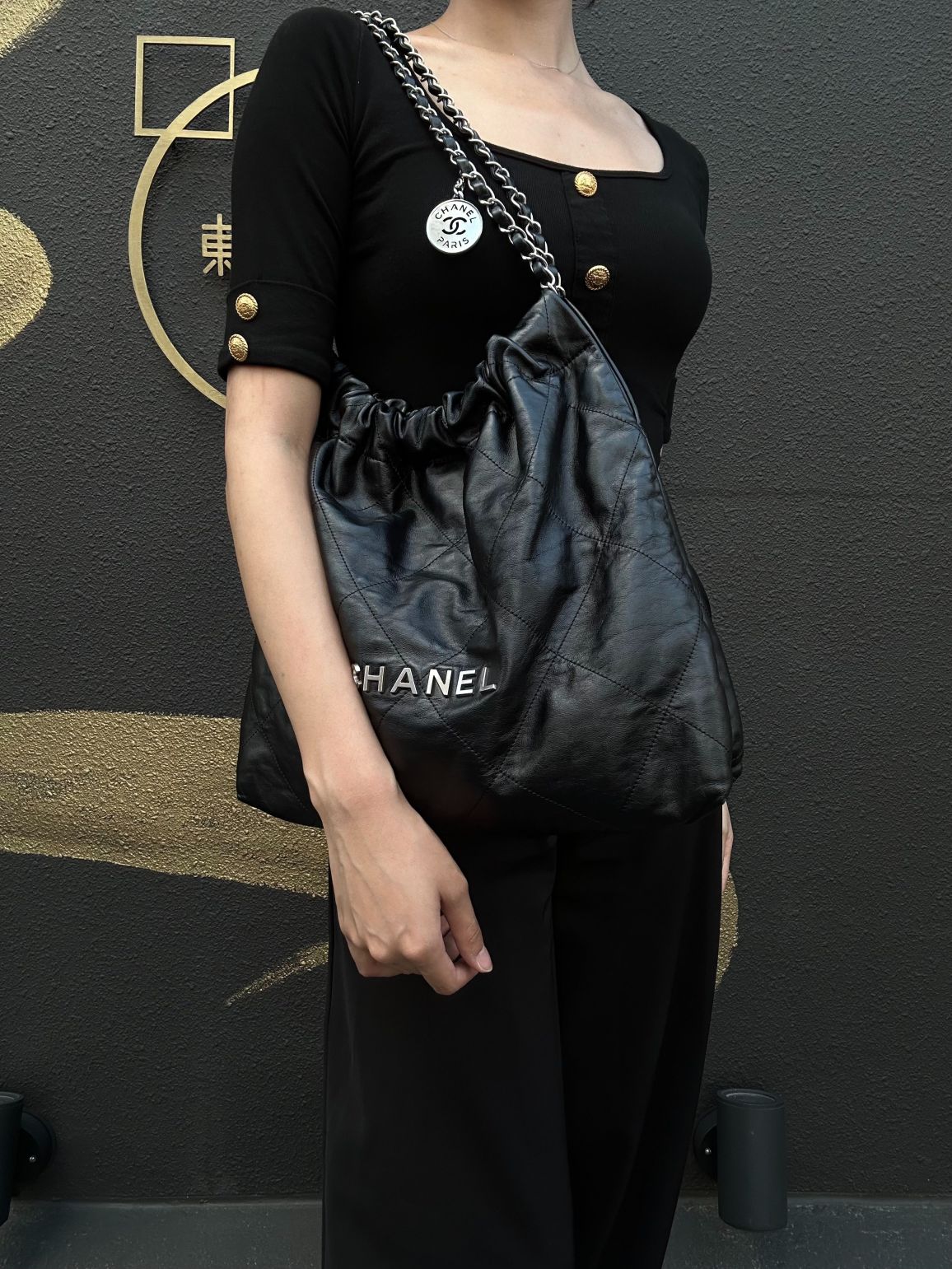 CHANEL 22 Lambskin Shoulder Bag Black Silver-Tone Hardware