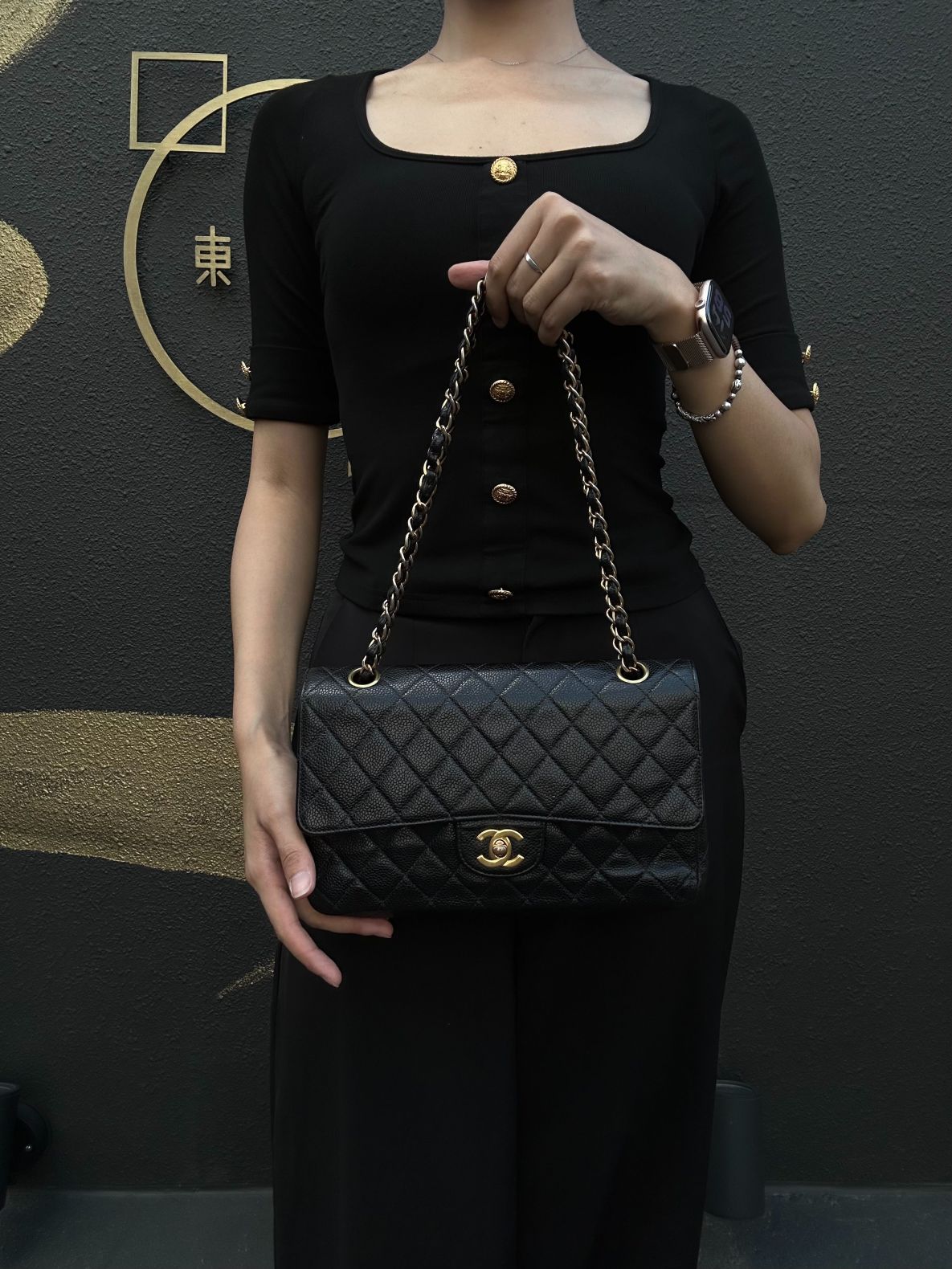 CHANEL Matelasse Classic Flap Shoulder Bag Caviar Leather Black Gold Hardware