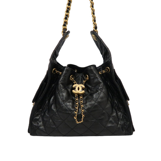 CHANEL 25 Calfskin Hobo Bag Black Gold-Tone Hardware