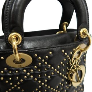 DIOR Lady Dior Cannage Quilted Studded Lambskin Handbag Black Gold Hardware With Shoulder Strap