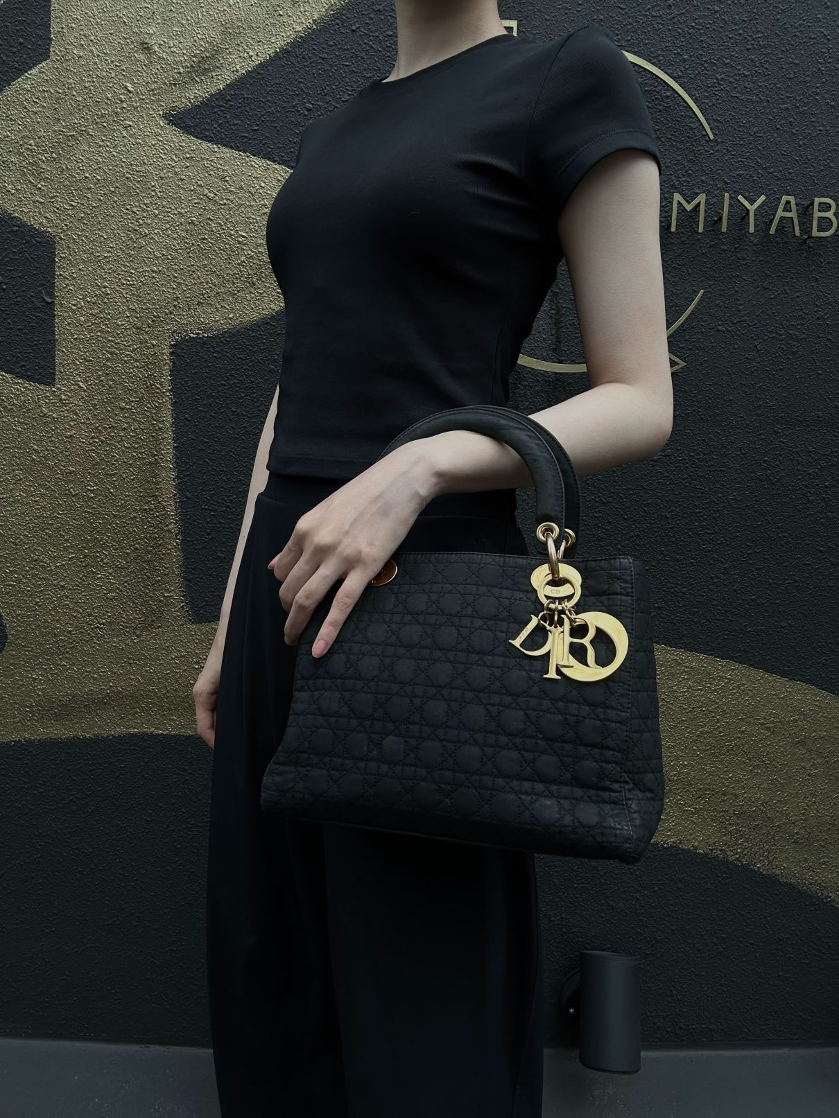 DIOR Lady Dior Cannage Nylon Handbag Black Gold Hardware With Shoulder Strap