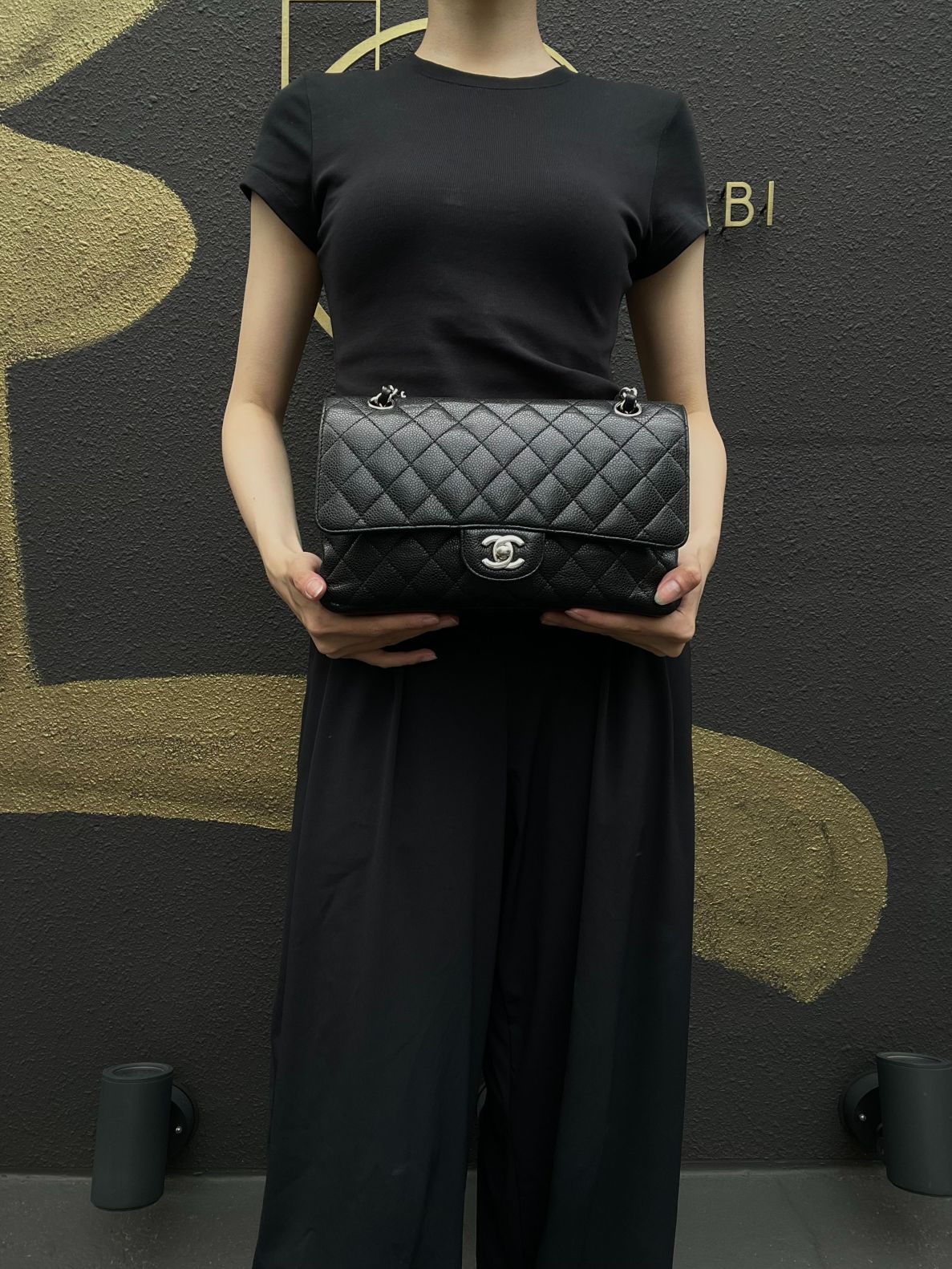 CHANEL Classic Flap Matelasse Caviar Leather Shoulder Bag Black Silver Hardware