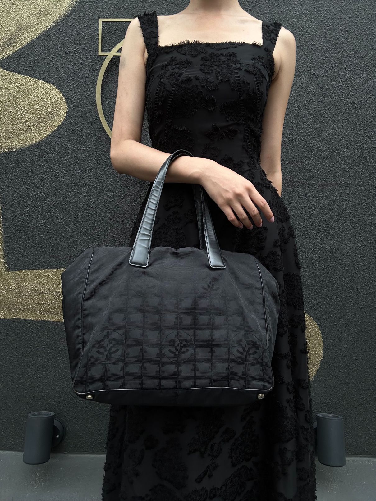 CHANEL New Travel Line Tote MM Black Nylon Tote Bag