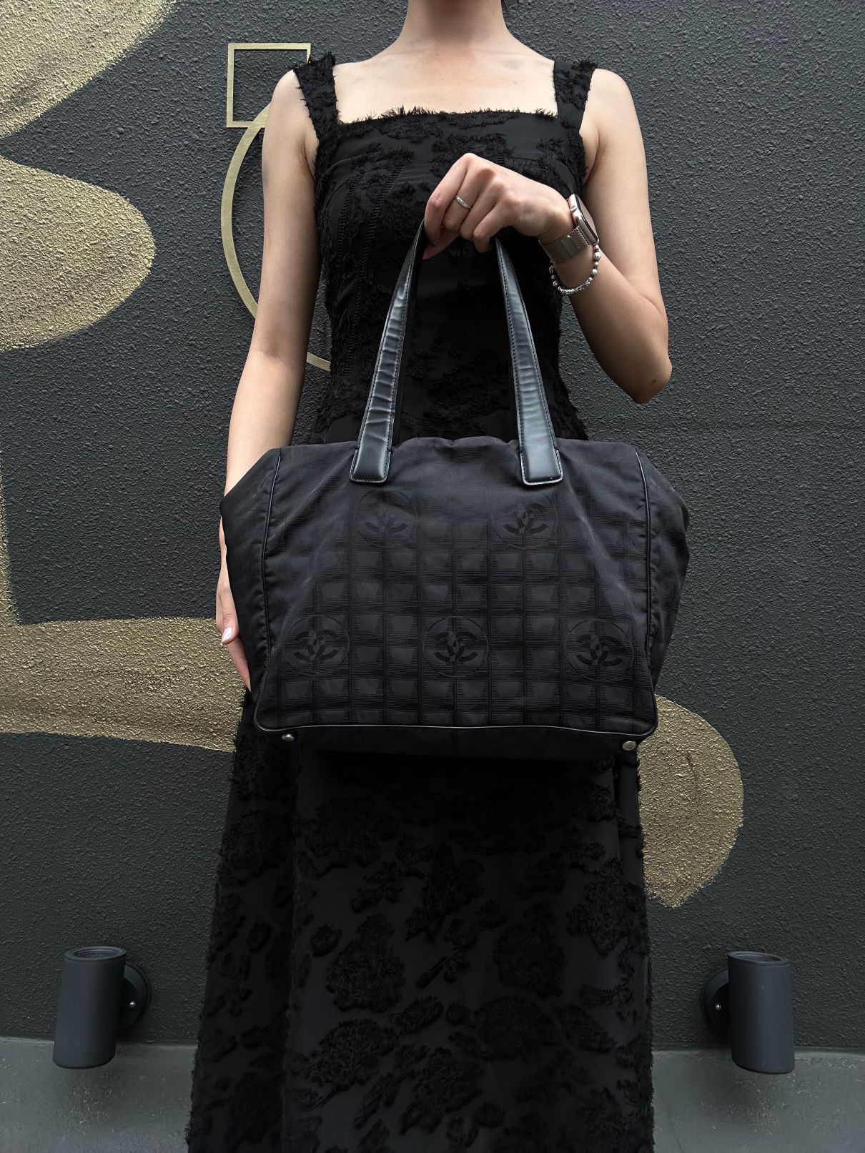 CHANEL New Travel Line Tote MM Black Nylon Tote Bag
