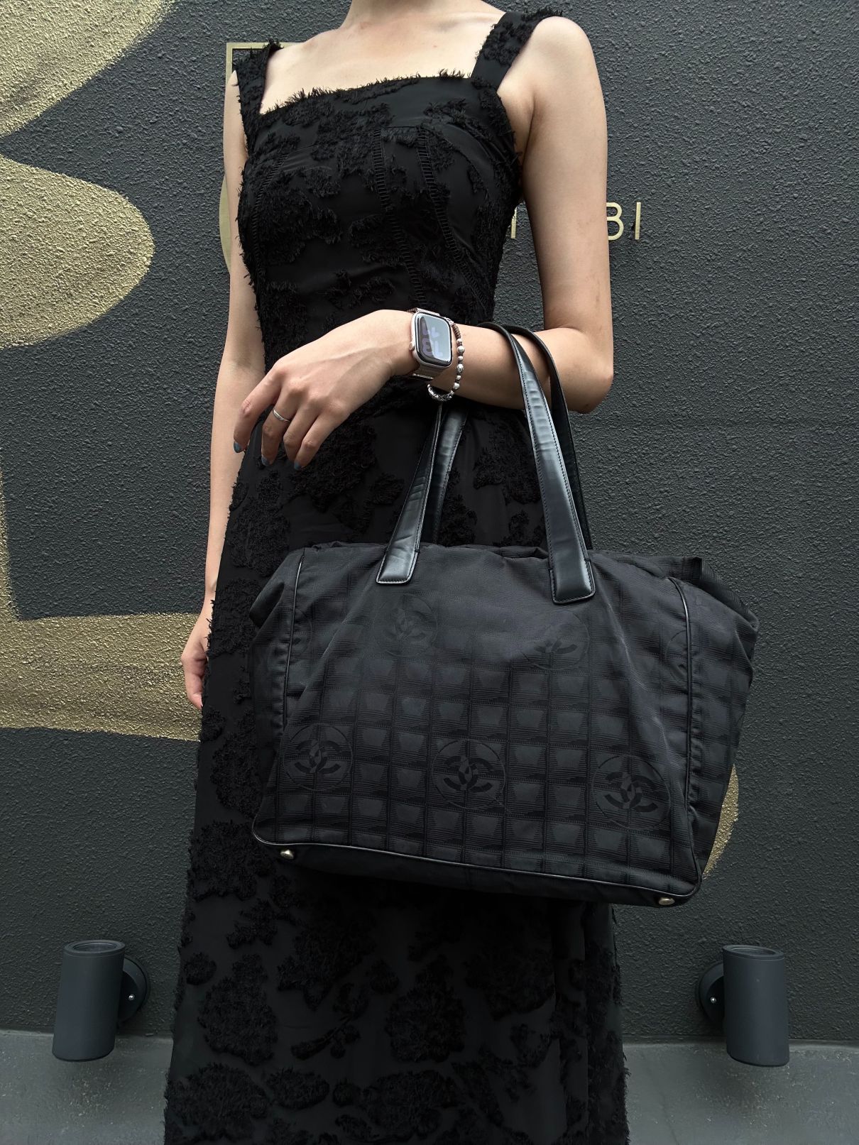 CHANEL New Travel Line Tote MM Black Nylon Tote Bag