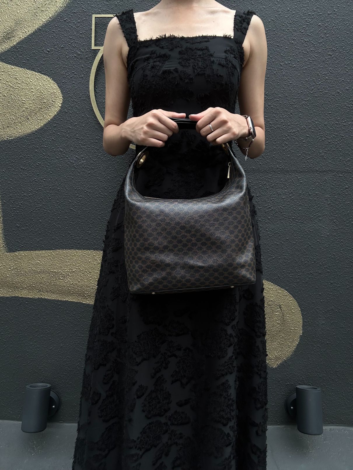 CELINE Macadam One Shoulder Bag Dark Brown Gold Hardware