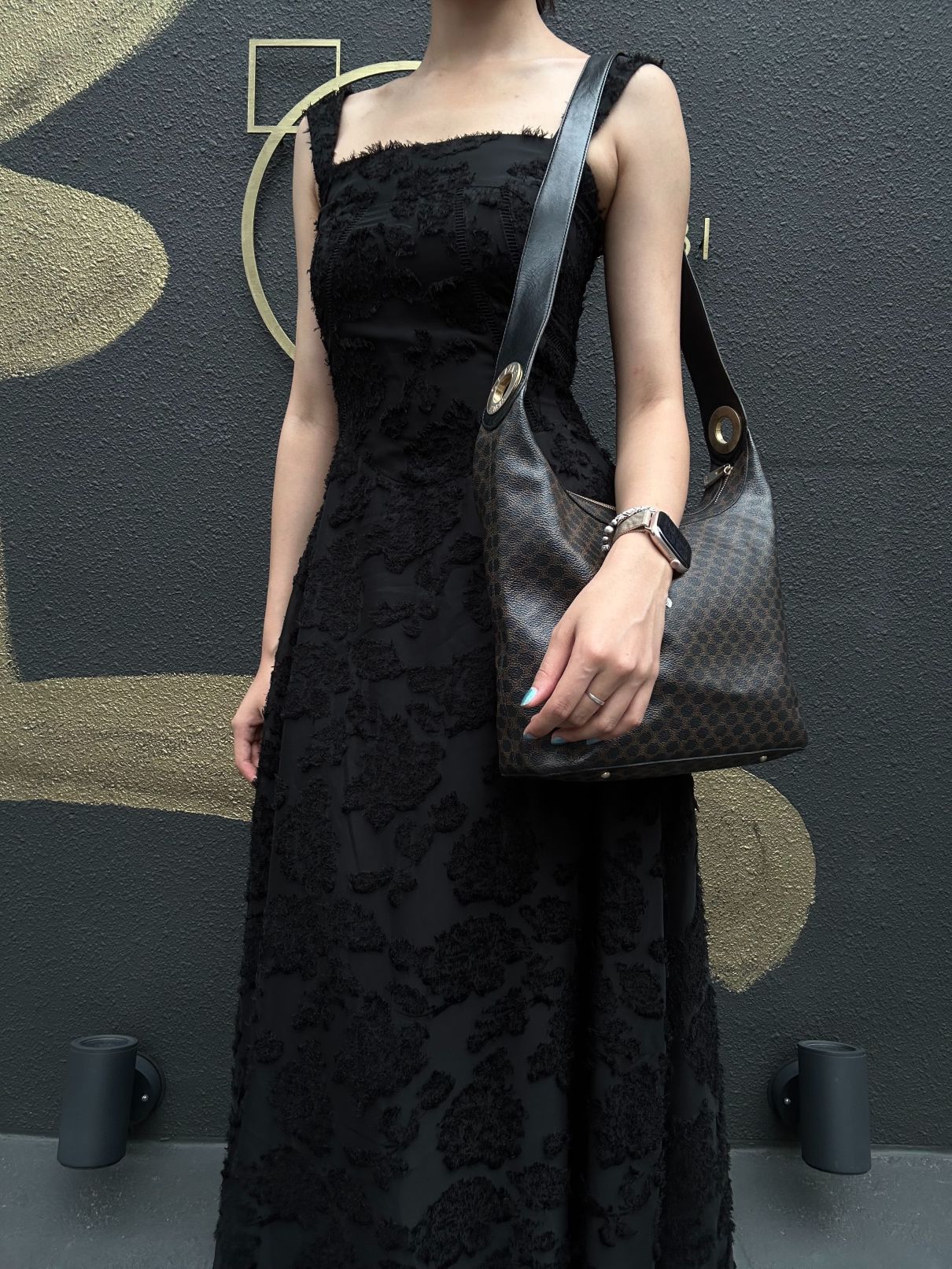 CELINE Macadam One Shoulder Bag Dark Brown Gold Hardware