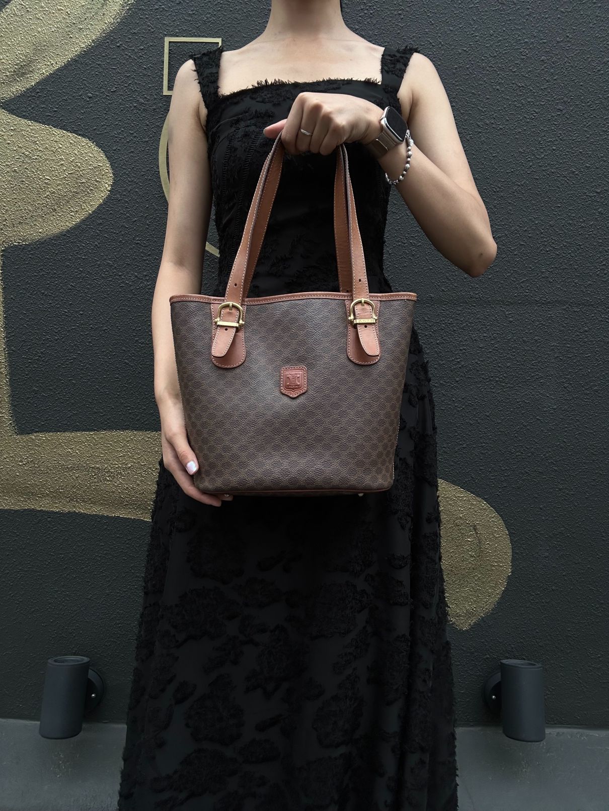 CELINE Macadam Tote Bag Bucket Style Brown Gold Plate