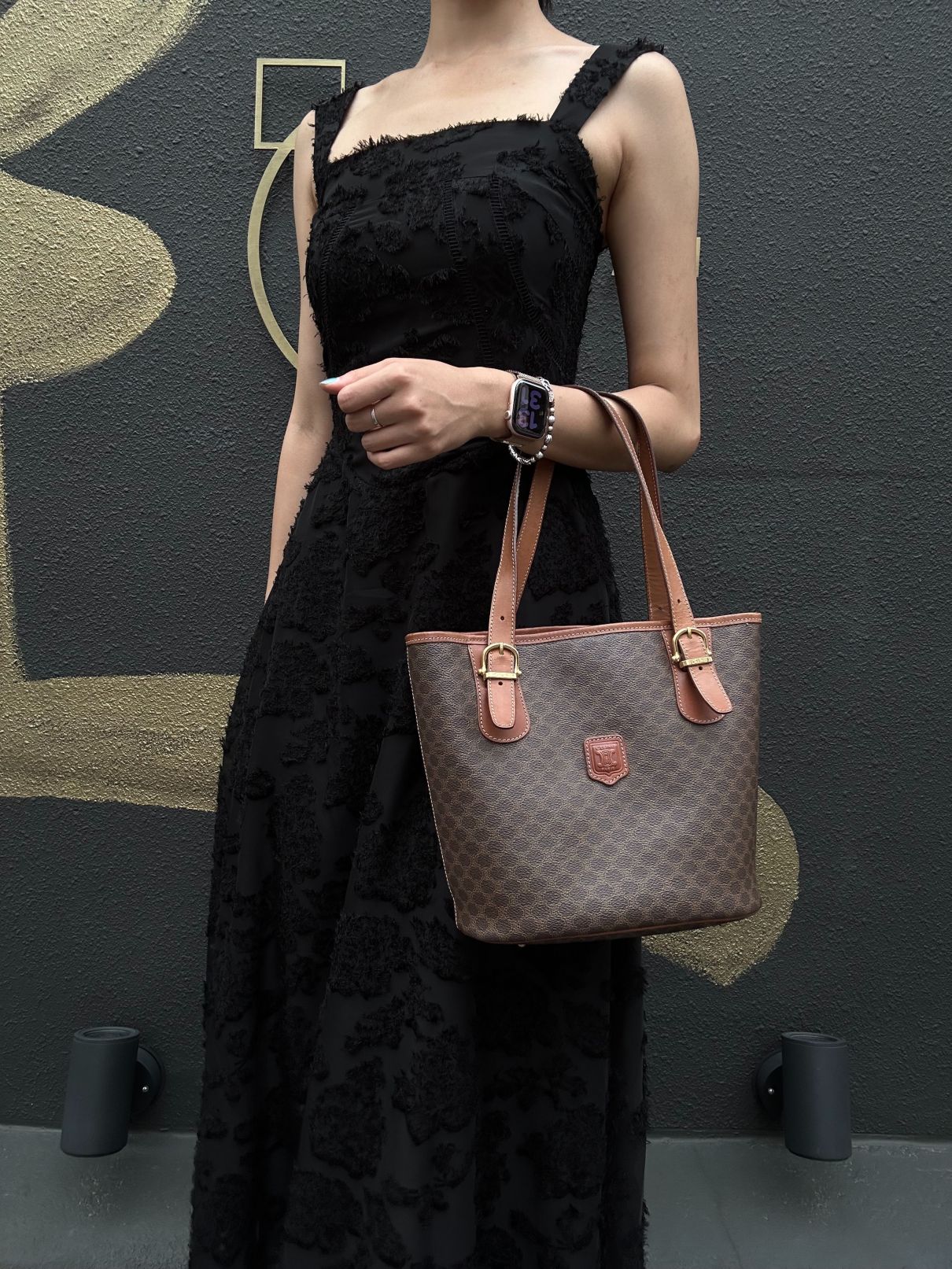 CELINE Macadam Tote Bag Bucket Style Brown Gold Plate