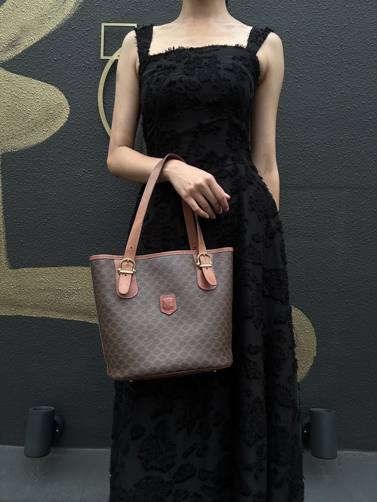 CELINE Macadam Tote Bag Bucket Style Brown Gold Plate