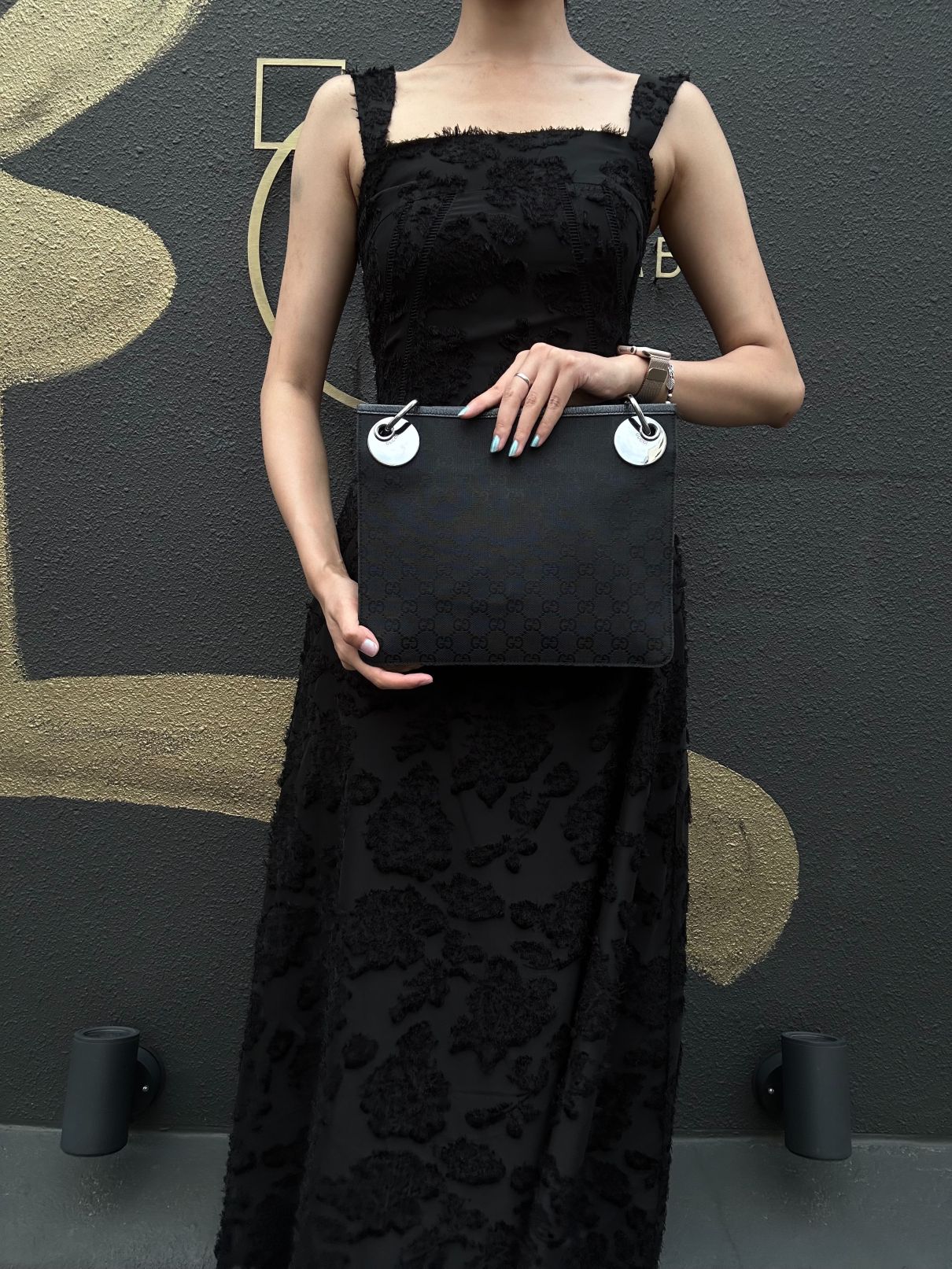GUCCI GG Canvas Shoulder Bag Crossbody   Black Silver Hardware