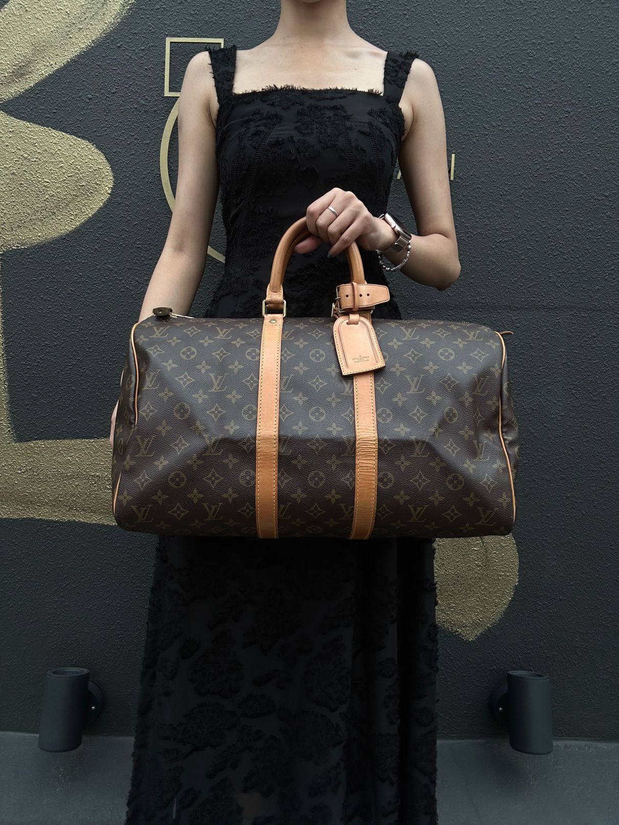 LOUIS VUITTON Monogram Canvas Leather Keepall 45 Travel Bag In Brown With Gold Hardware Including Padlock (No Key), Name Tag And Dust Bag