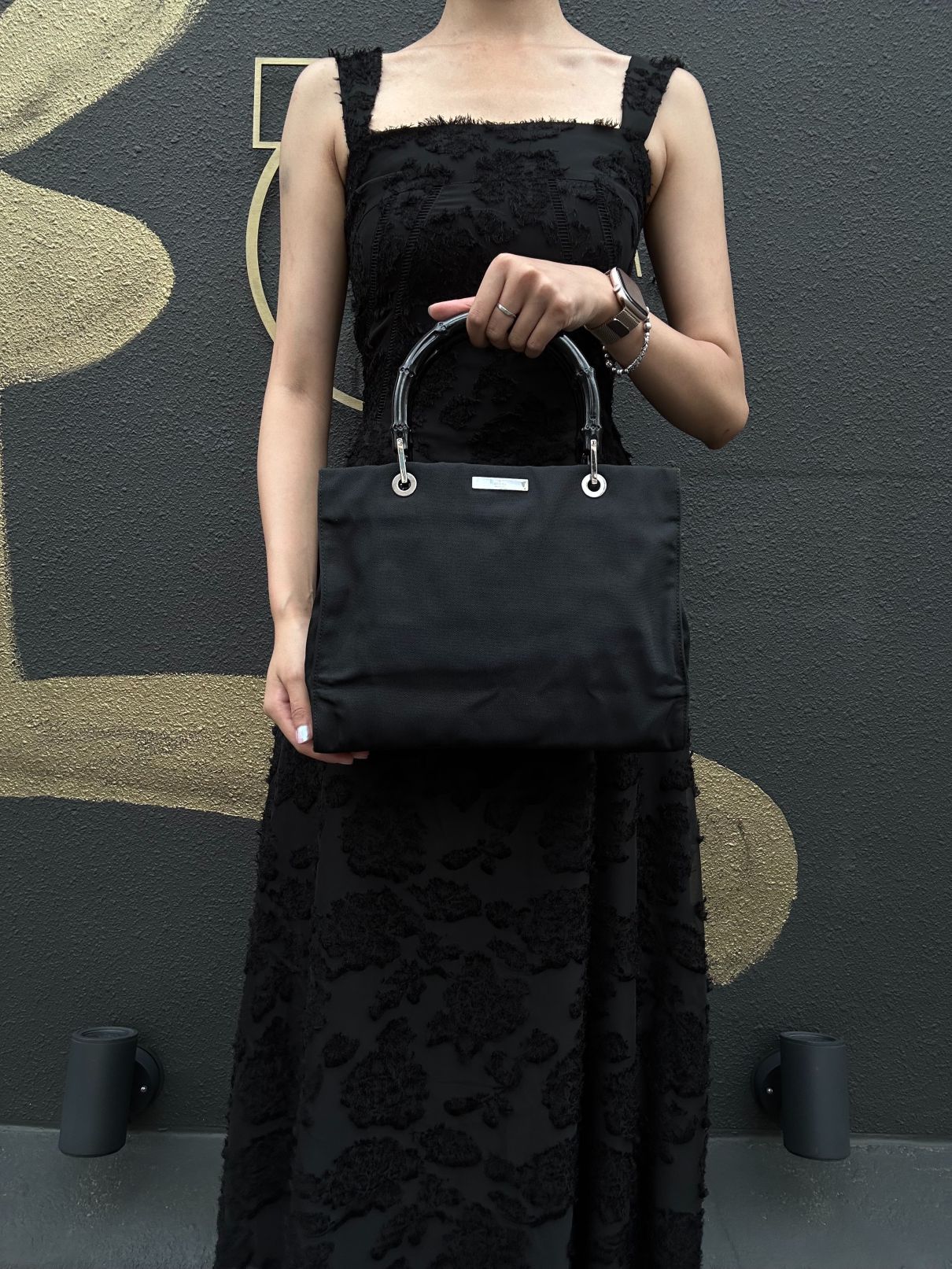 GUCCI Bamboo Handbag Tote Nylon Black Silver Hardware 自定义贴士：