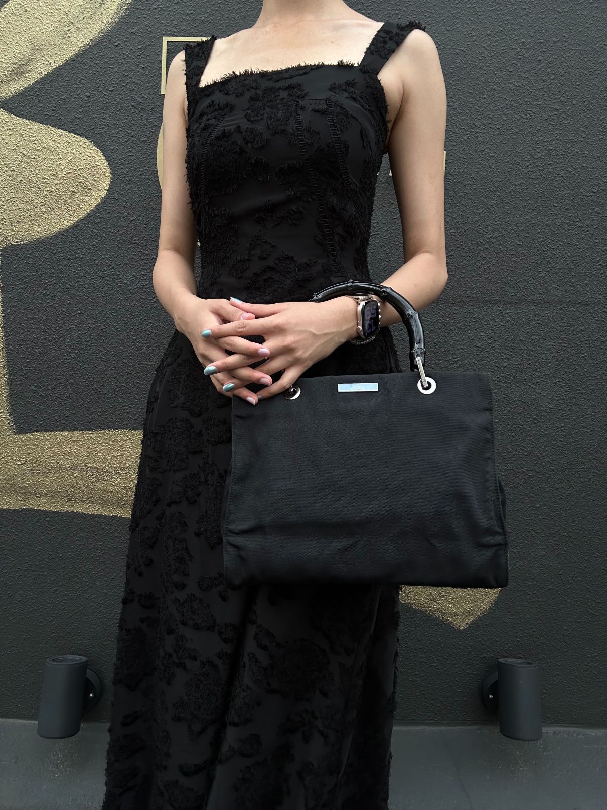 GUCCI Bamboo Handbag Tote Nylon Black Silver Hardware 自定义贴士：