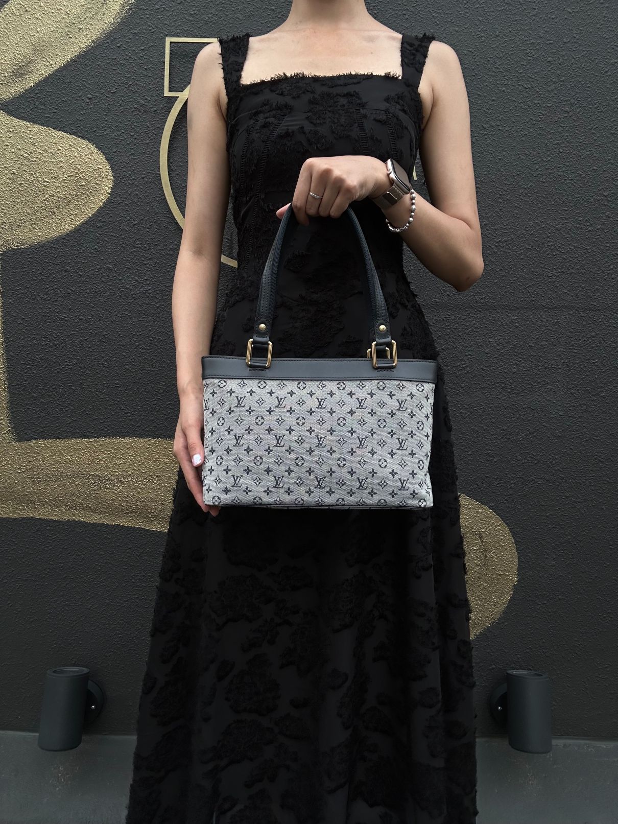 LOUIS VUITTON Monogram Mini Lucille PM Handbag Canvas Blue Grey Name Tag