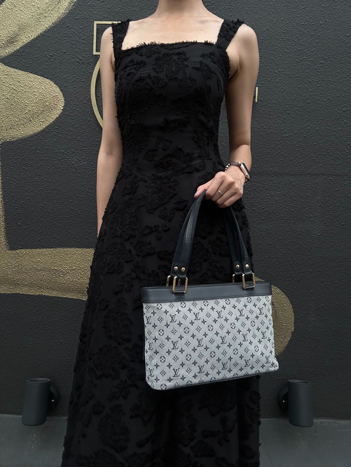 LOUIS VUITTON Monogram Mini Lucille PM Handbag Canvas Blue Grey Name Tag