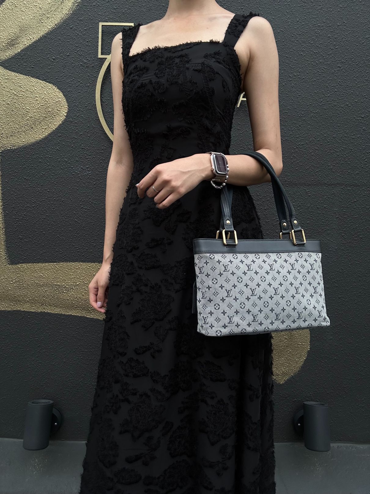 LOUIS VUITTON Monogram Mini Lucille PM Handbag Canvas Blue Grey Name Tag