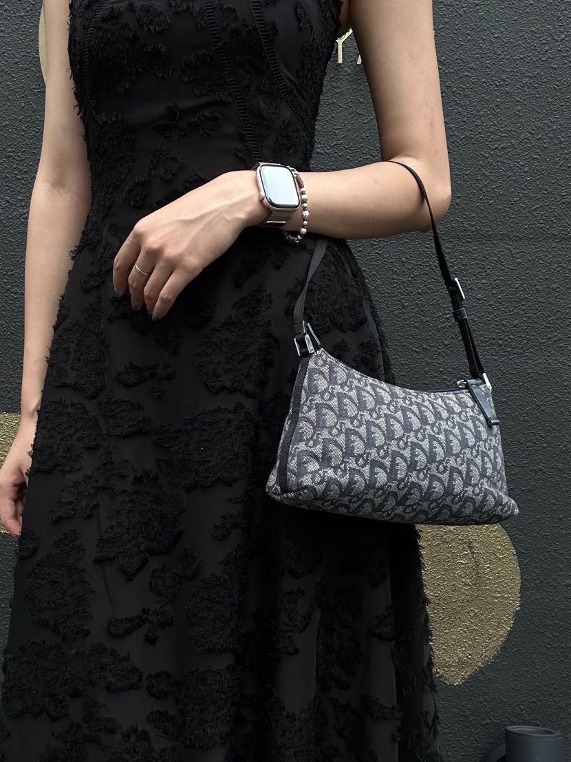 CHRISTIAN DIOR Trotter Shoulder Bag Canvas Navy Silver Hardware