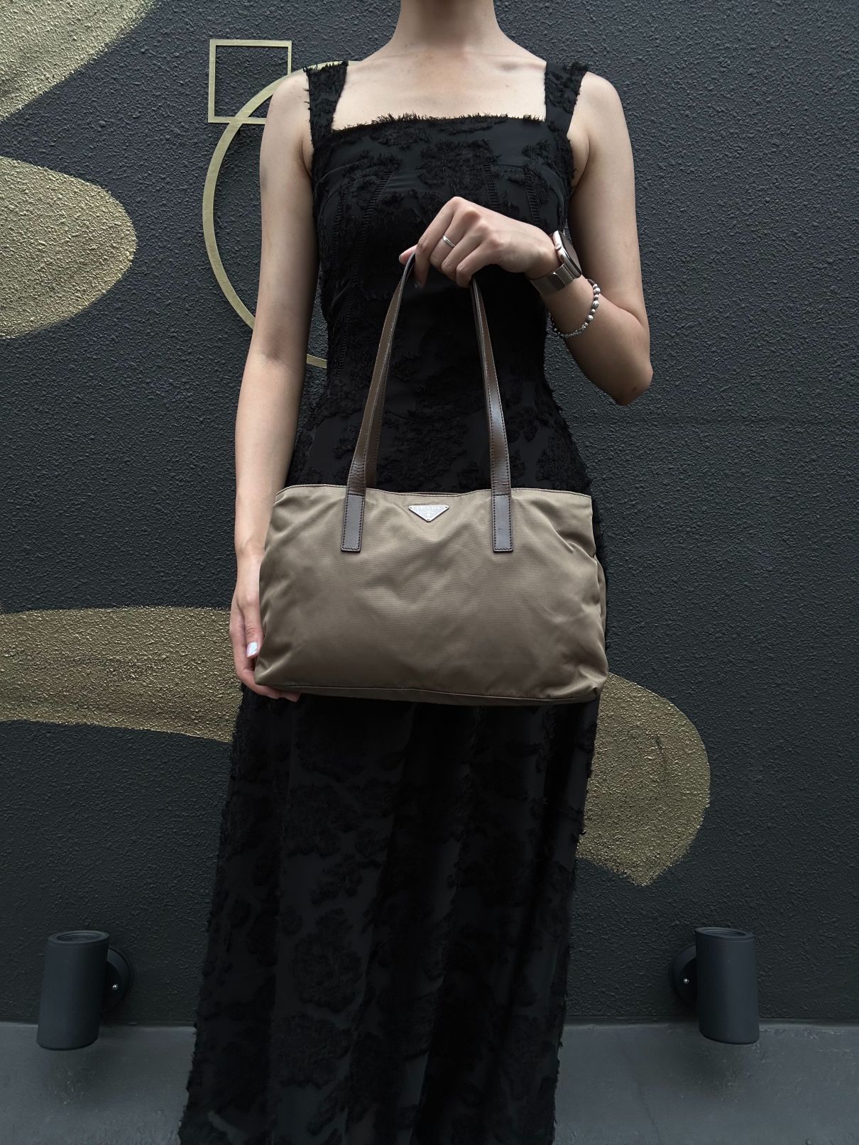 PRADA Tote Bag Shoulder Bag Nylon Leather Beige Silver Hardware