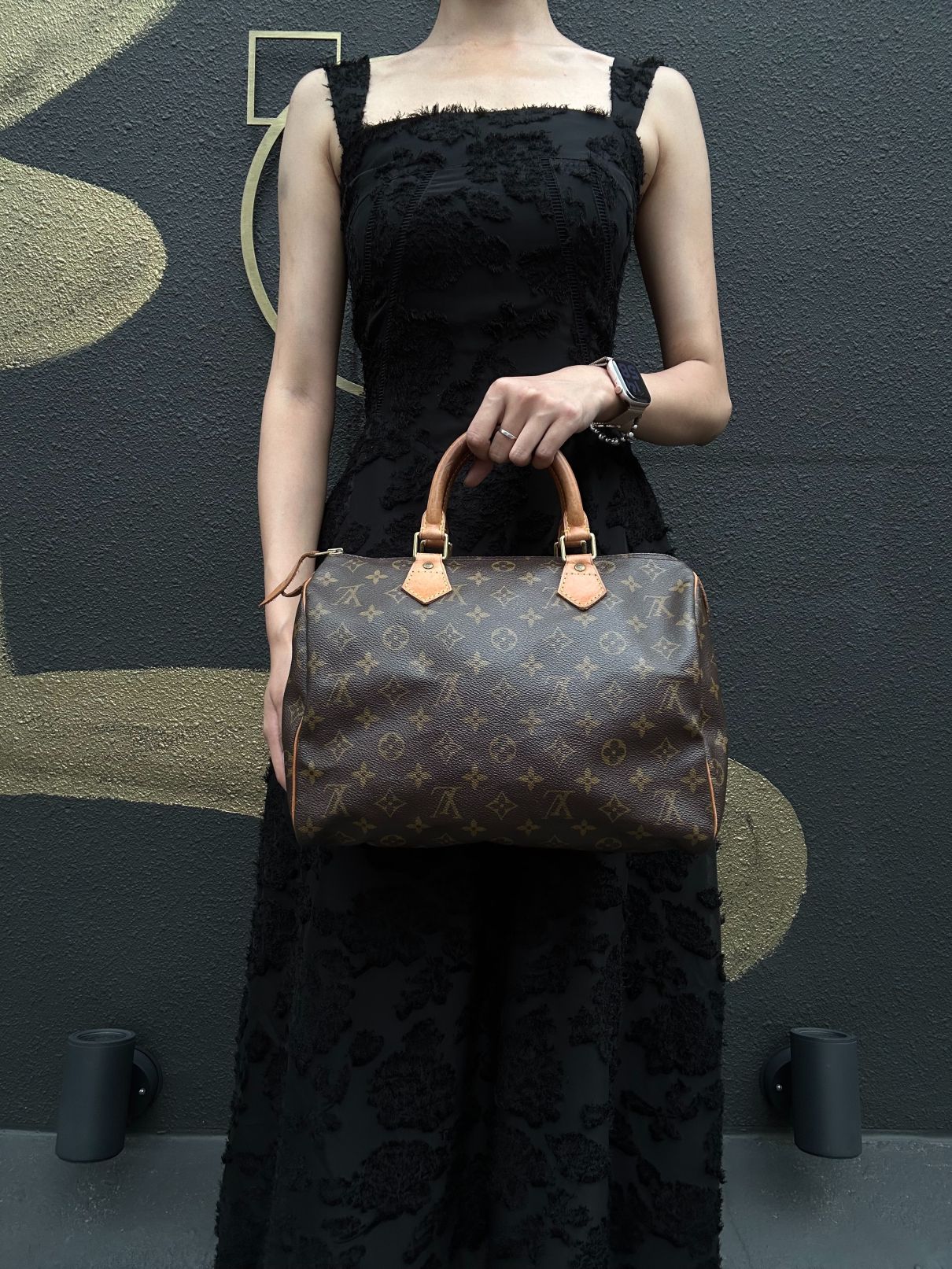 LOUIS VUITTON Monogram Speedy 30 Handbag Gold Hardware brown Cadena Padlock & 2 Keys