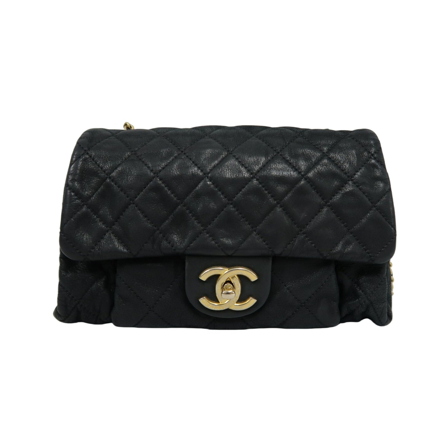 CHANEL Matelassé Calfskin Shoulder Bag Black Gold-Tone Hardware