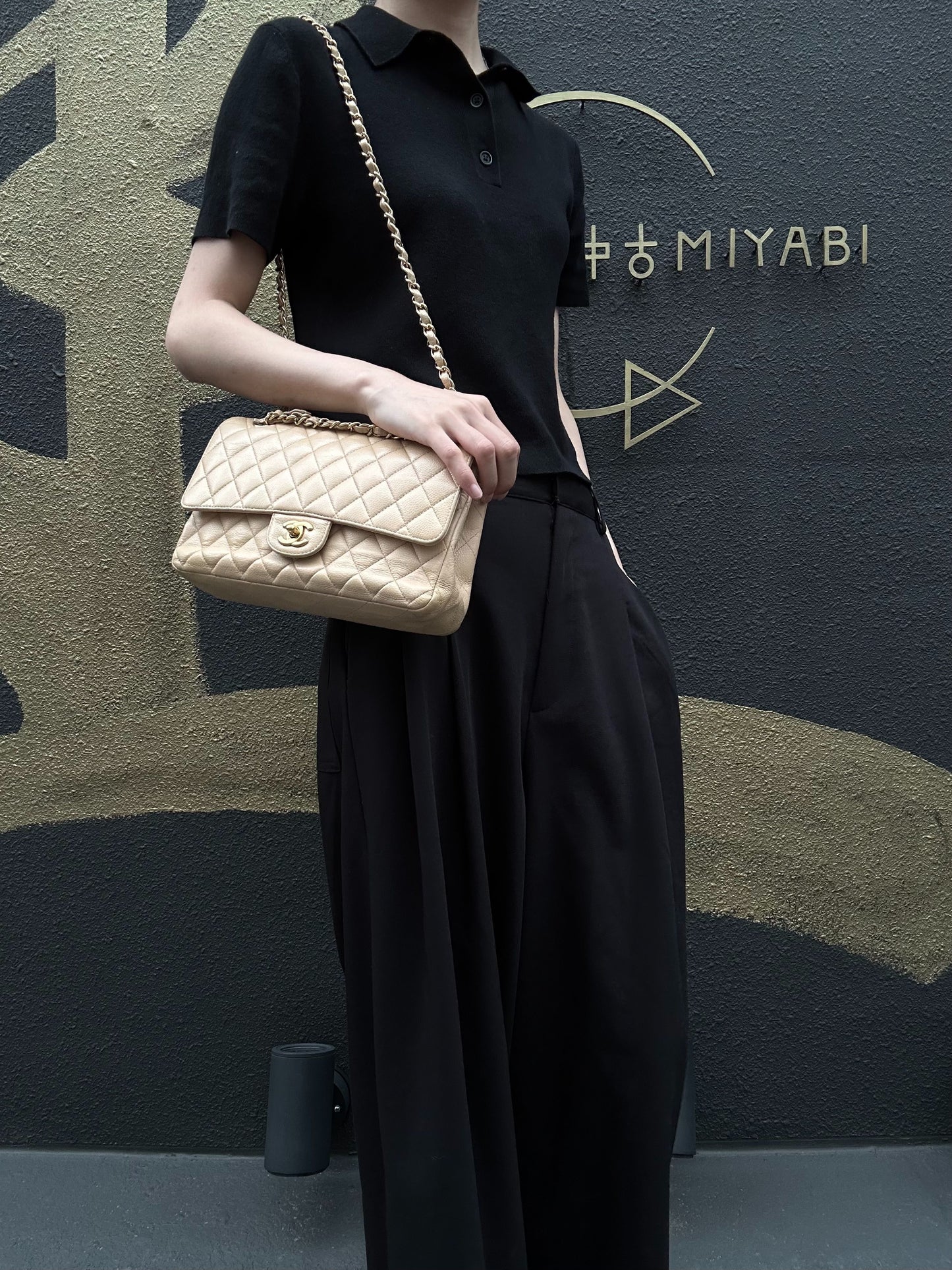 CHANEL Classic Flap CF Caviar Leather Shoulder Bag Beige Gold-Tone Hardware