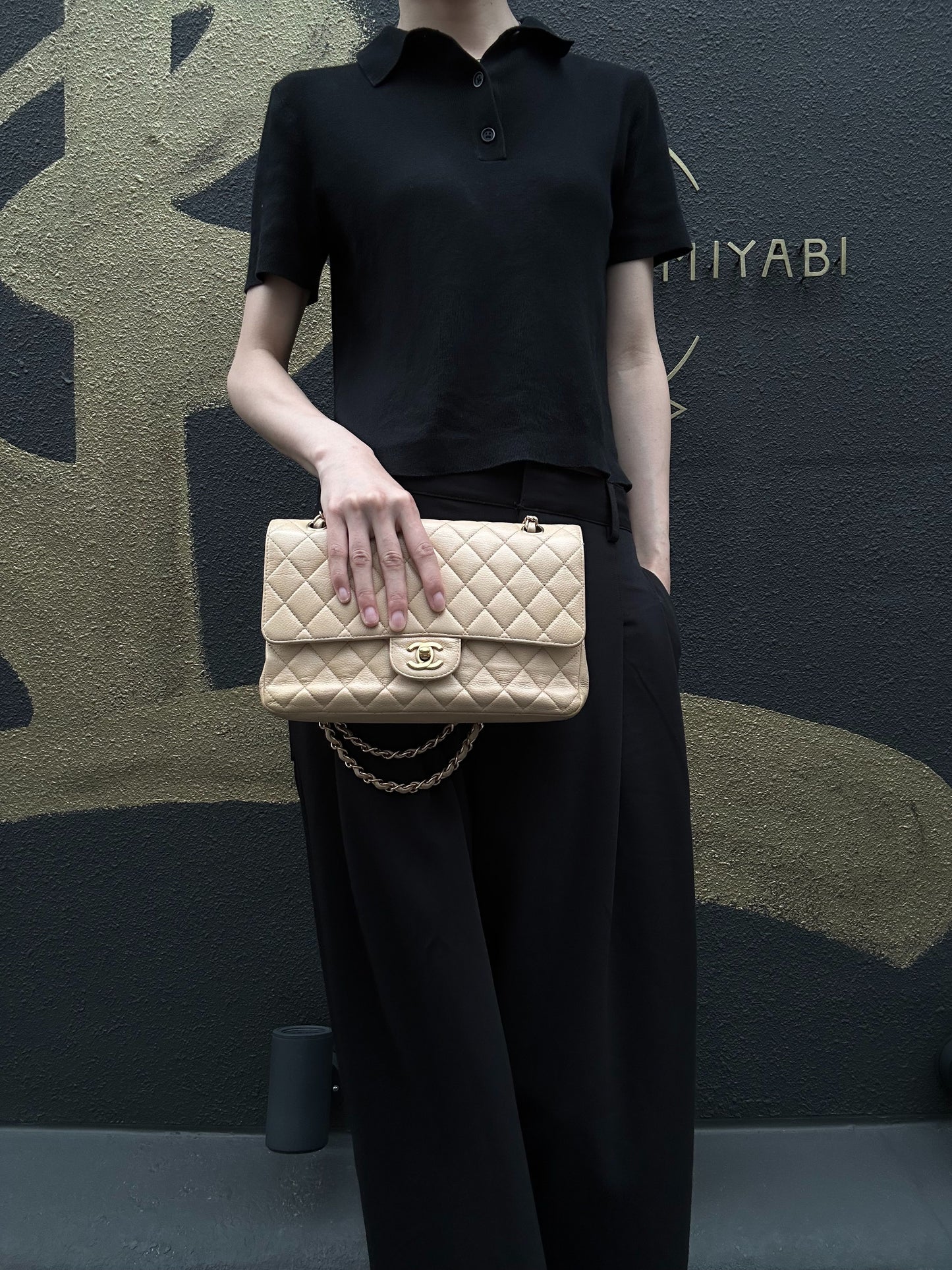 CHANEL Classic Flap CF Caviar Leather Shoulder Bag Beige Gold-Tone Hardware