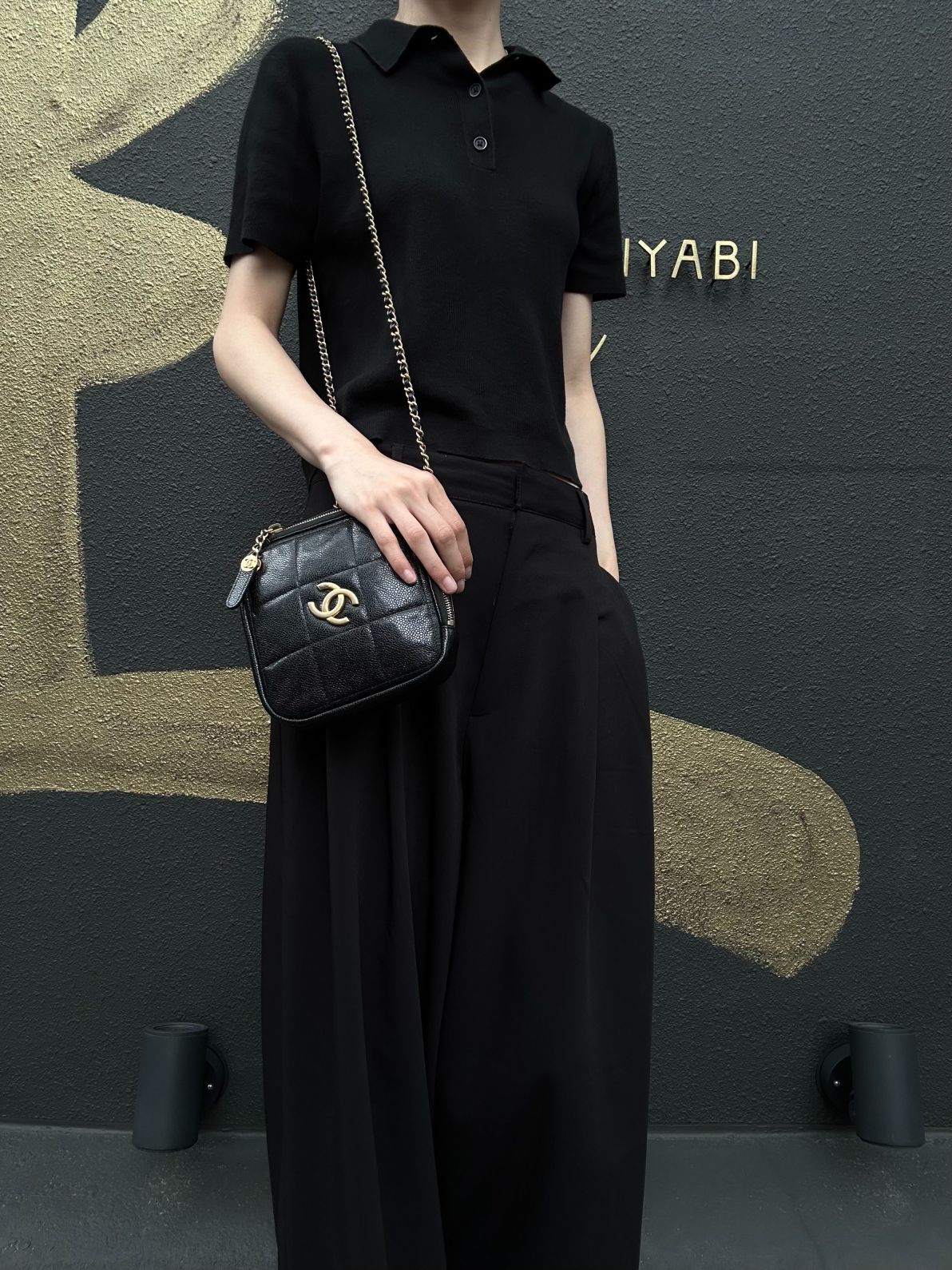 CHANEL Black Caviar Leather Checkerboard Quilted Chain Camera Shoulder Bag With Gold Hardware