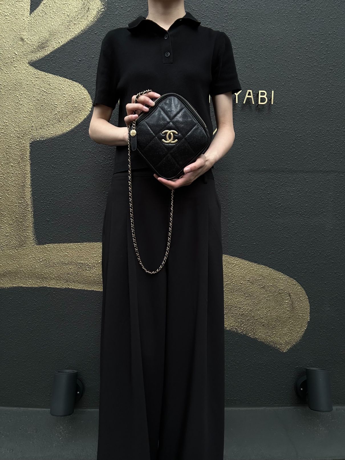 CHANEL Black Caviar Leather Checkerboard Quilted Chain Camera Shoulder Bag With Gold Hardware