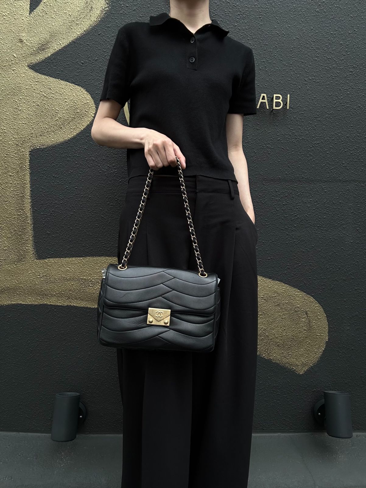 CHANEL Wave Stitch Lambskin Shoulder Bag Black Gold-Tone Hardware