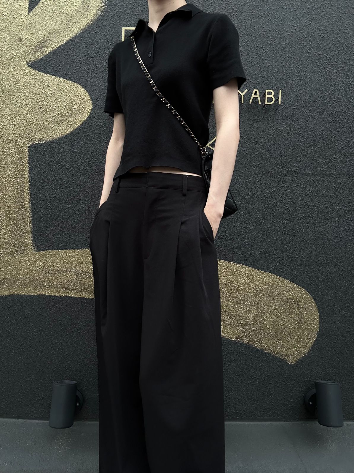 CHANEL Wave Stitch Lambskin Shoulder Bag Black Gold-Tone Hardware