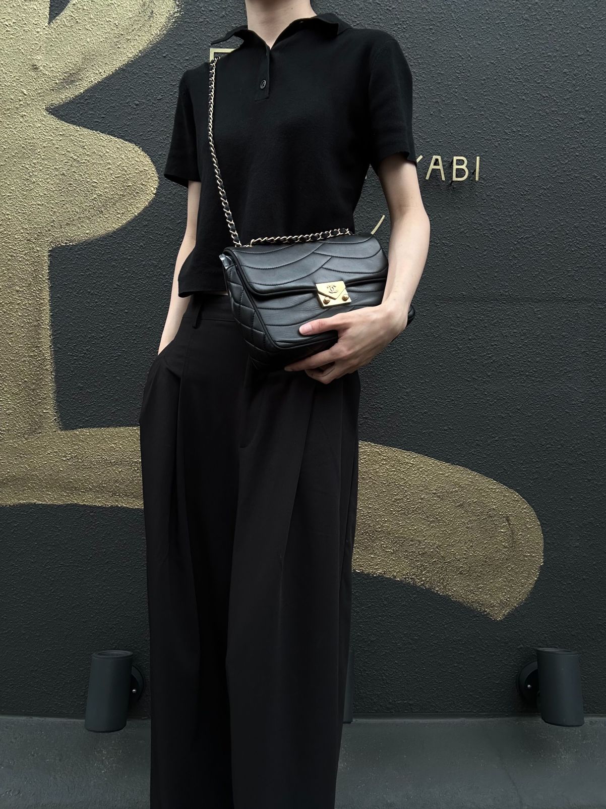 CHANEL Wave Stitch Lambskin Shoulder Bag Black Gold-Tone Hardware