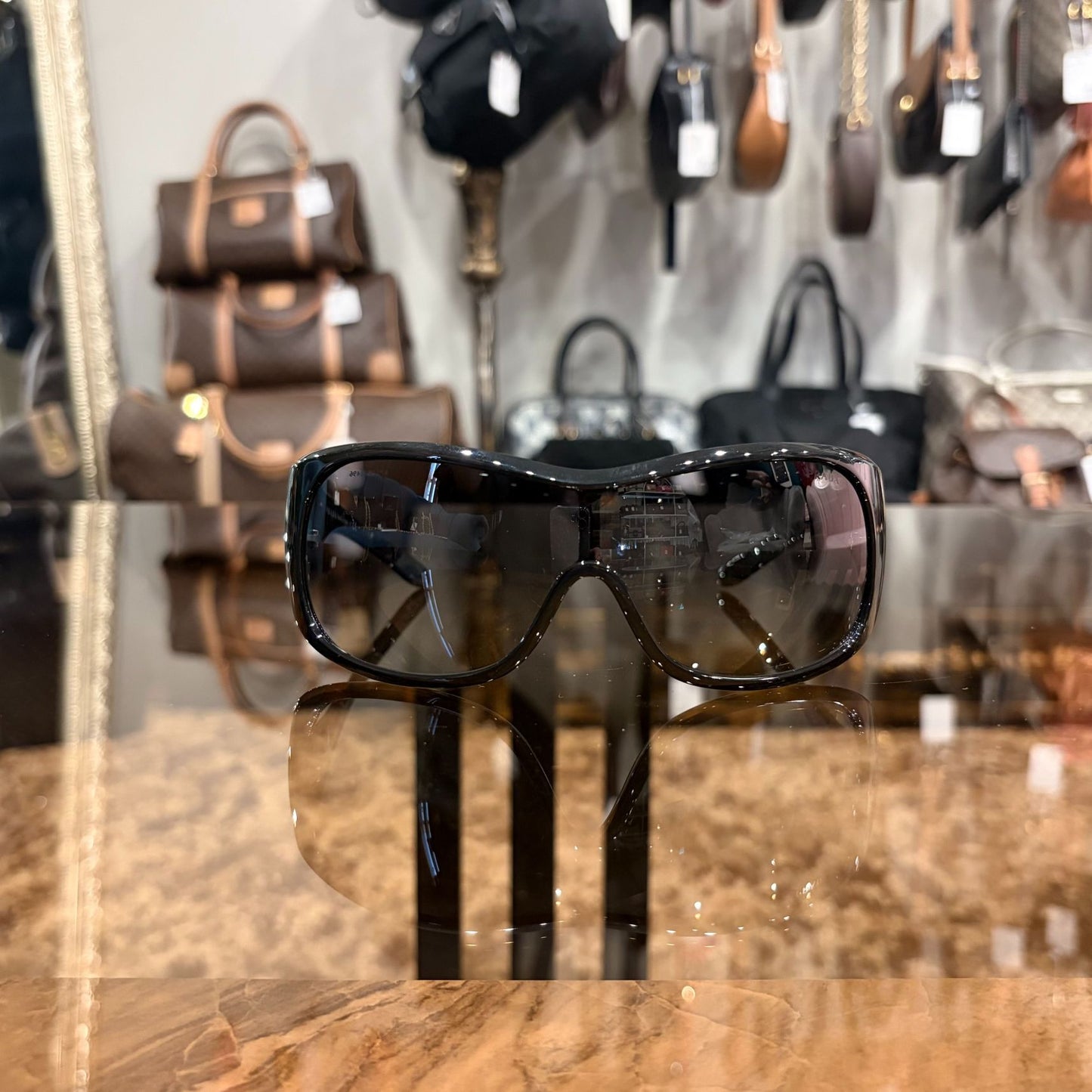 PRADA Sunglasses Eyewear 　 Black Frame Gradient Gray Lens Shield Mask Style  Case