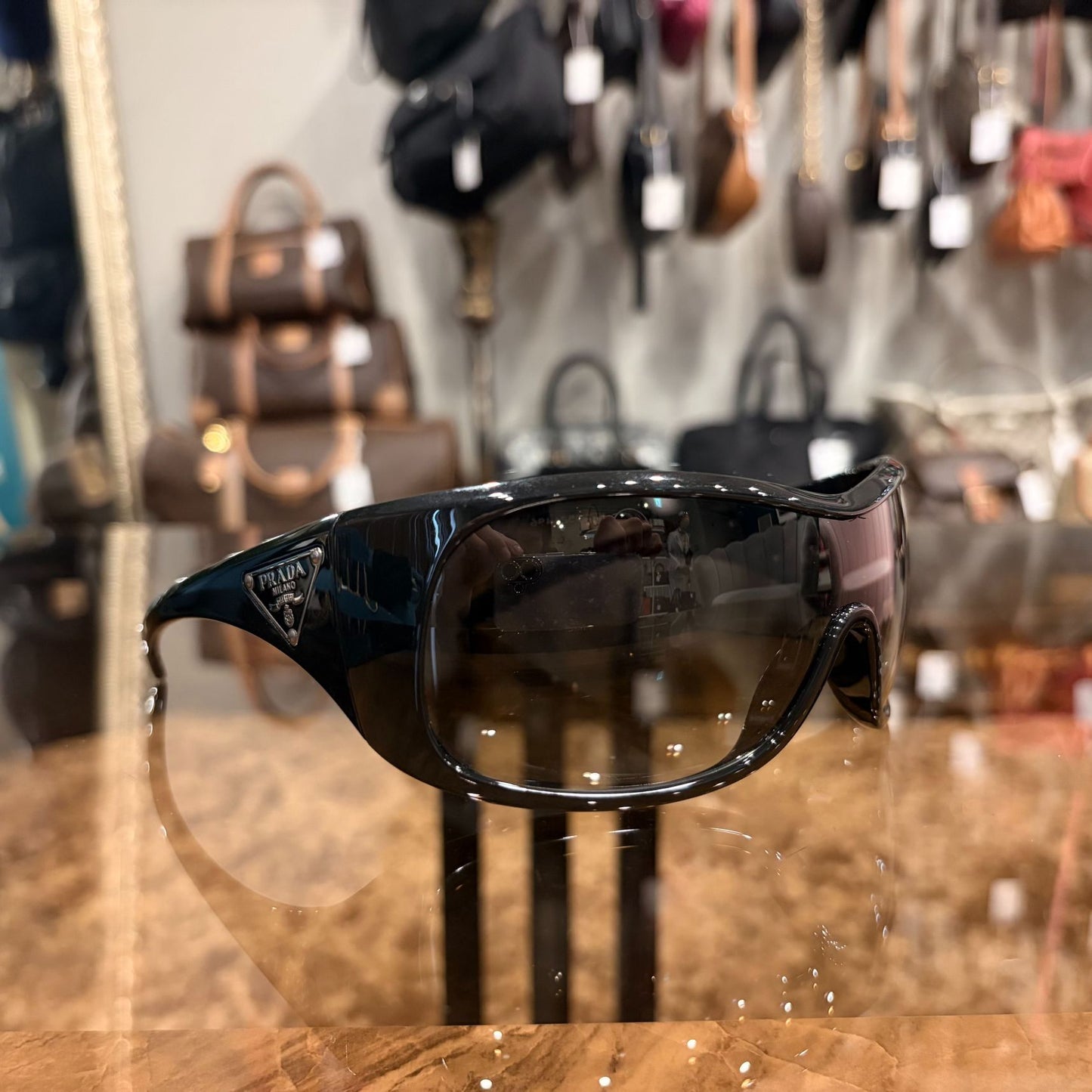 PRADA Sunglasses Eyewear 　 Black Frame Gradient Gray Lens Shield Mask Style  Case