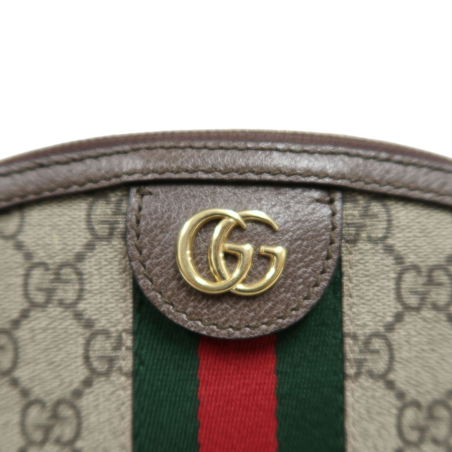 GUCCI Ophidia GG Supreme Beige PVC Shell Crossbody Bag With Web Stripe And Gold Hardware