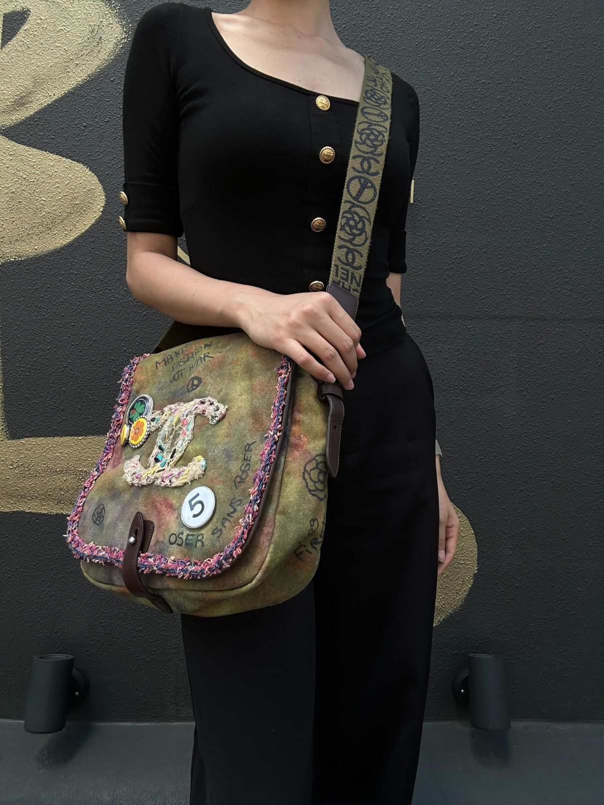 CHANEL Limited Edition Tie-dye Canvas Embroidered Flap Shoulder Bag Khaki