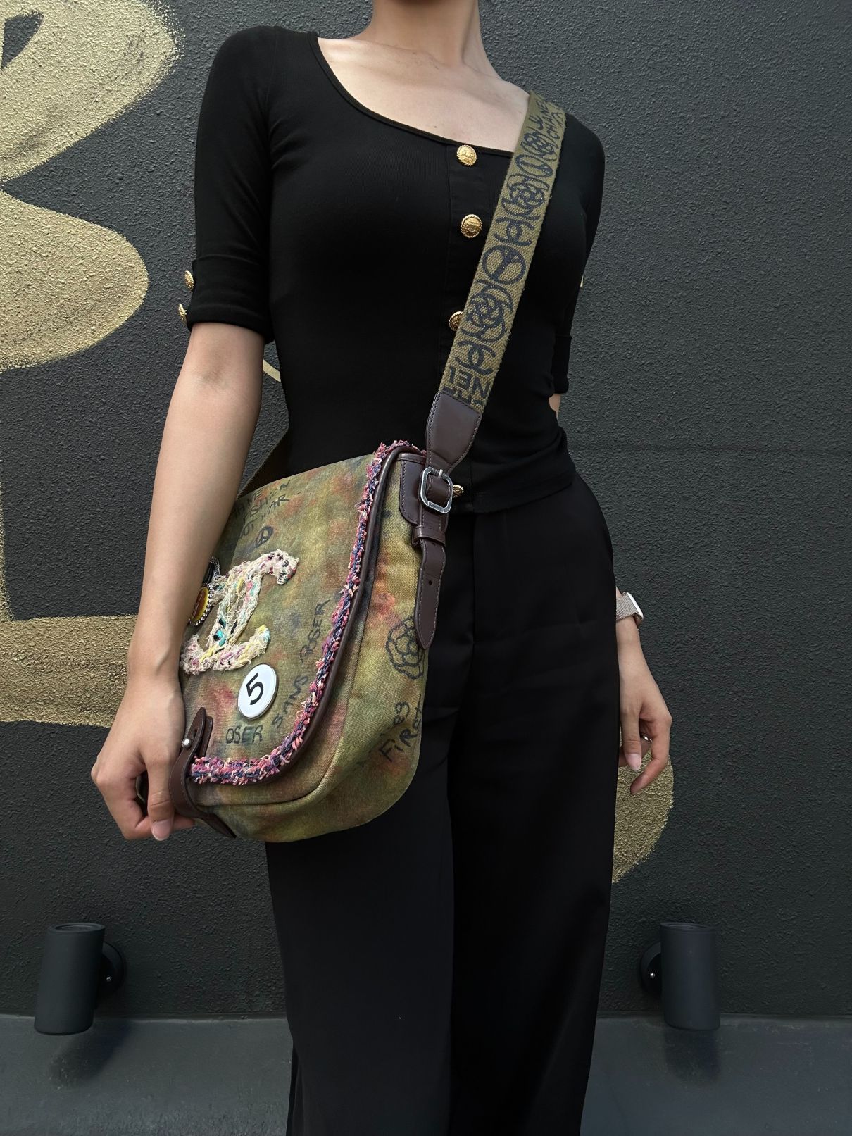 CHANEL Limited Edition Tie-dye Canvas Embroidered Flap Shoulder Bag Khaki