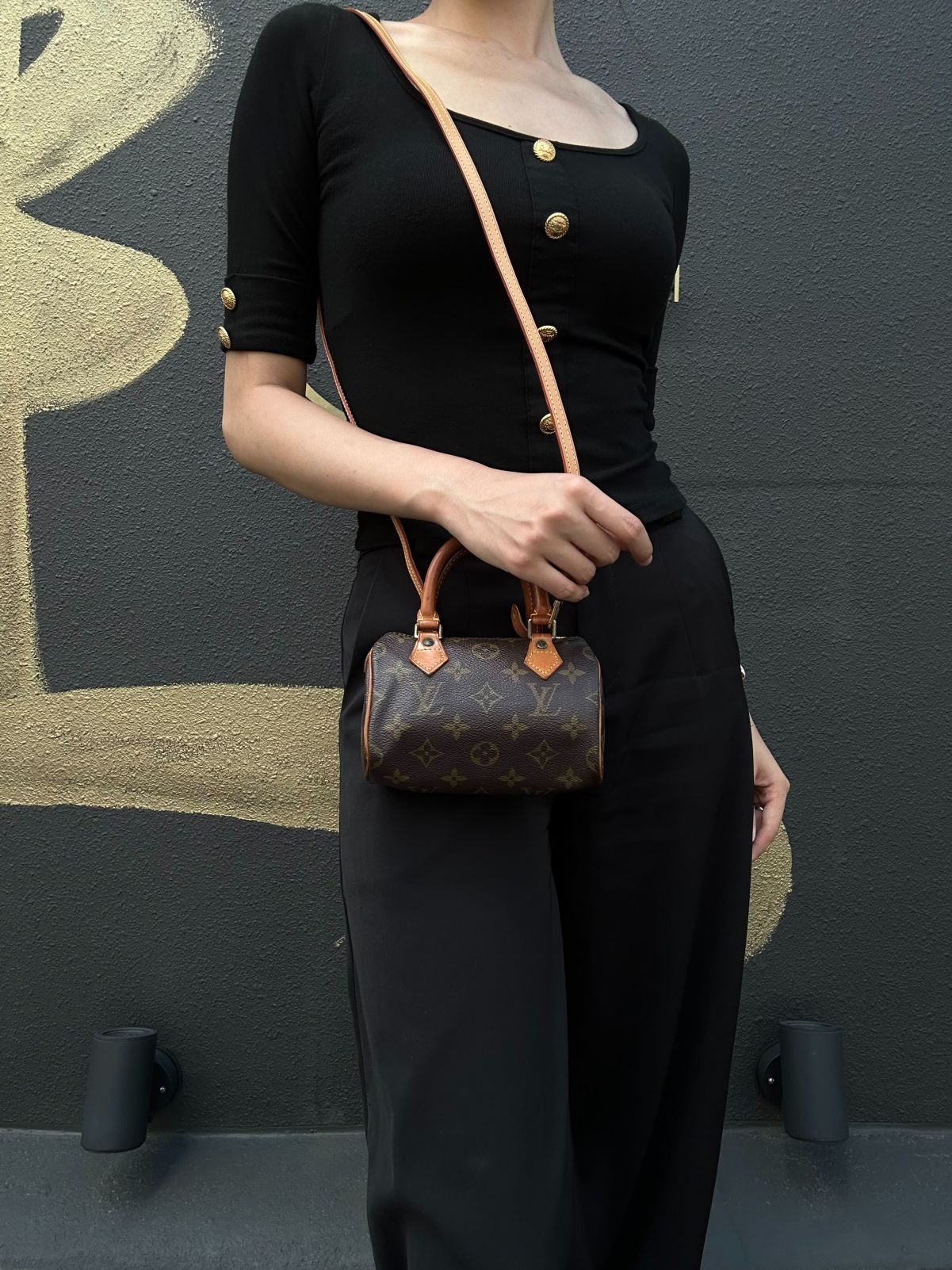 LOUIS VUITTON Monogram Canvas Leather Mini Speedy Mini Boston Handbag Brown Shoulder Strap