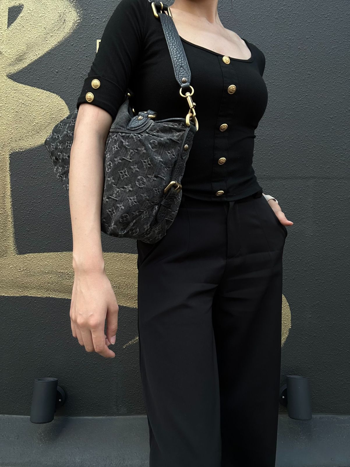 LOUIS VUITTON Monogram Denim Neo Cabby PM Handbag 2way with Shoulder Strap Denim Black Grey Gold Hardware