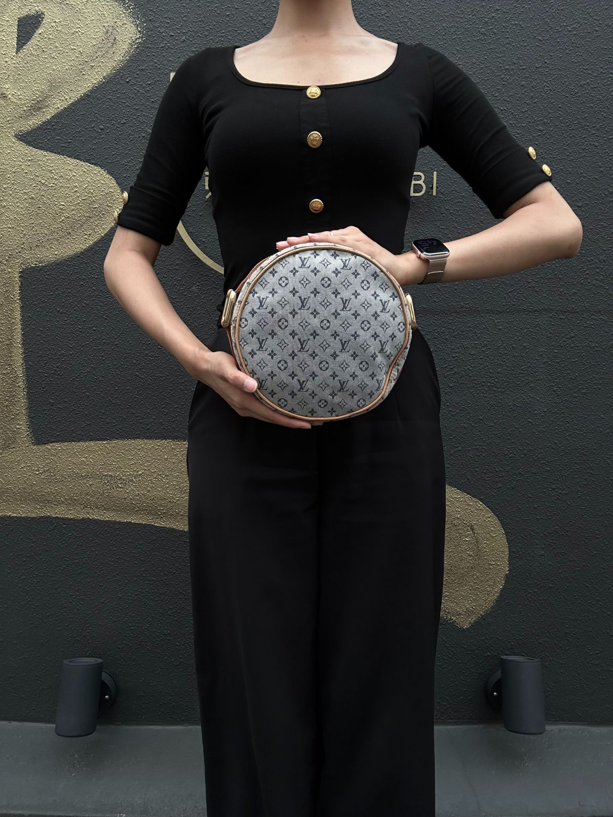 LOUIS VUITTON Monogram Mini Jeanne GM Round Shoulder Bag Denim Blue Gold Hardware
