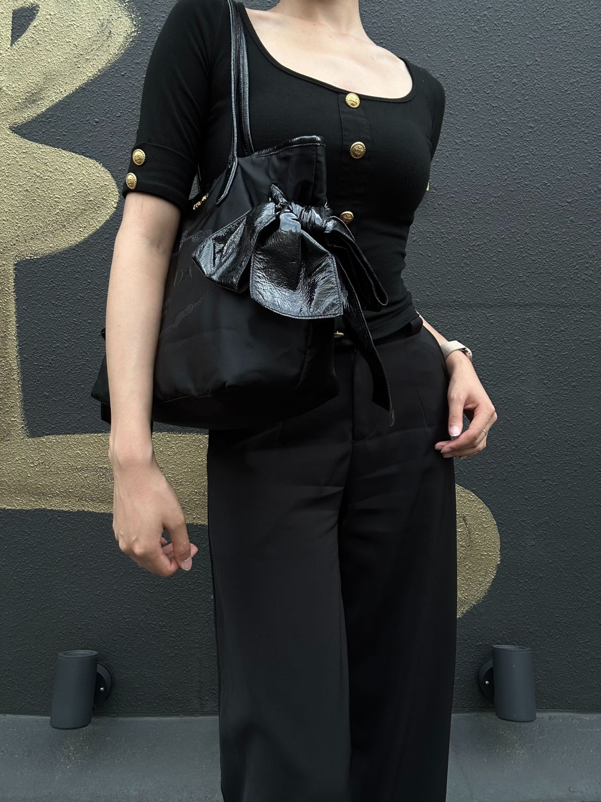 PRADA  Side Bow Detail Logo Nylon  Tote Bag  Black