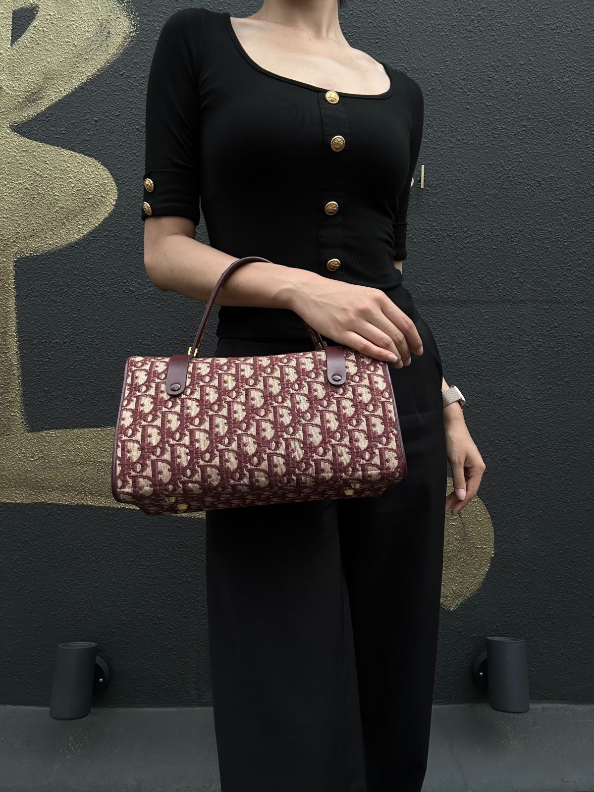 DIOR Trotter Monogram Canvas  Mini Boston Bag  Brown Gold Hardware