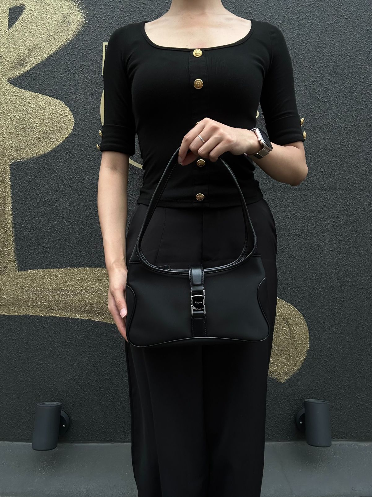 FERRAGAMO nylon　 Shoulder Bag 　 Black　 Silver Hardware