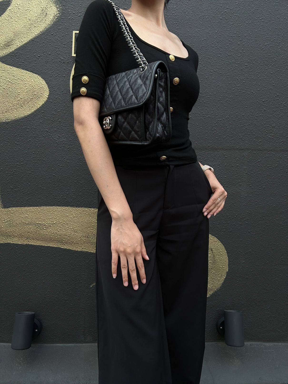 CHANEL Matelasse Quilted Caviar Flap Shoulder Bag Black Silver Hardware