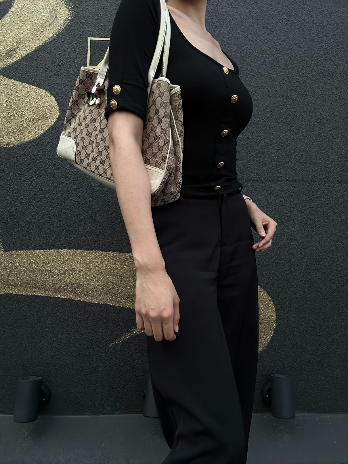 GUCCI GG Canvas Sherry Line Ribbon Tote Bag  Beige/White