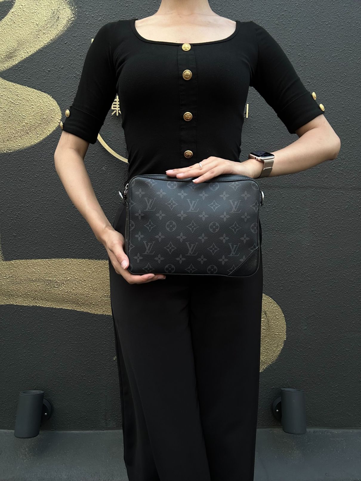 LOUIS VUITTON Trio Messenger Monogram Eclipse Shoulder Bag Black PVC With Pouch