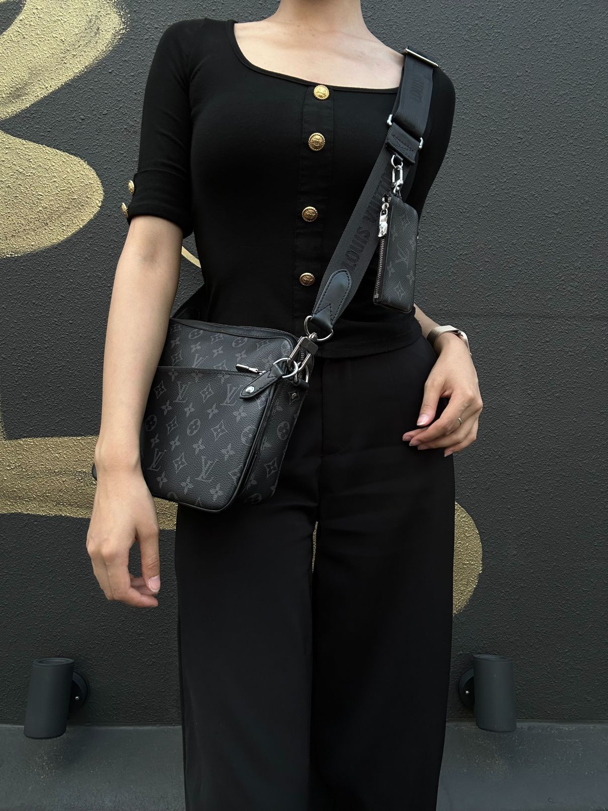LOUIS VUITTON Trio Messenger Monogram Eclipse Shoulder Bag Black PVC With Pouch